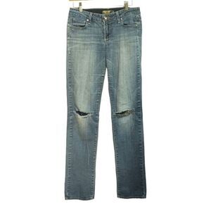 Paige Peg Straight Distressed Ripped Jeans Sz 28 Tall Blue Stretch Denim